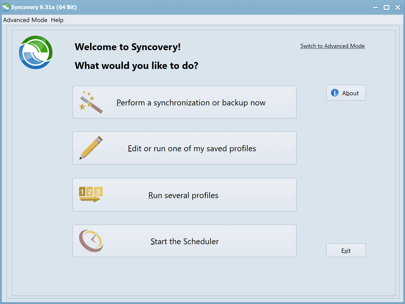 Screenshot des Willkommens-Dialogfensters von Syncovery mit Knöpfen, um eine neue Synchronisation zu starten oder bestehende Aufträge zu bearbeiten oder zu starten, oder der Timer zu starten