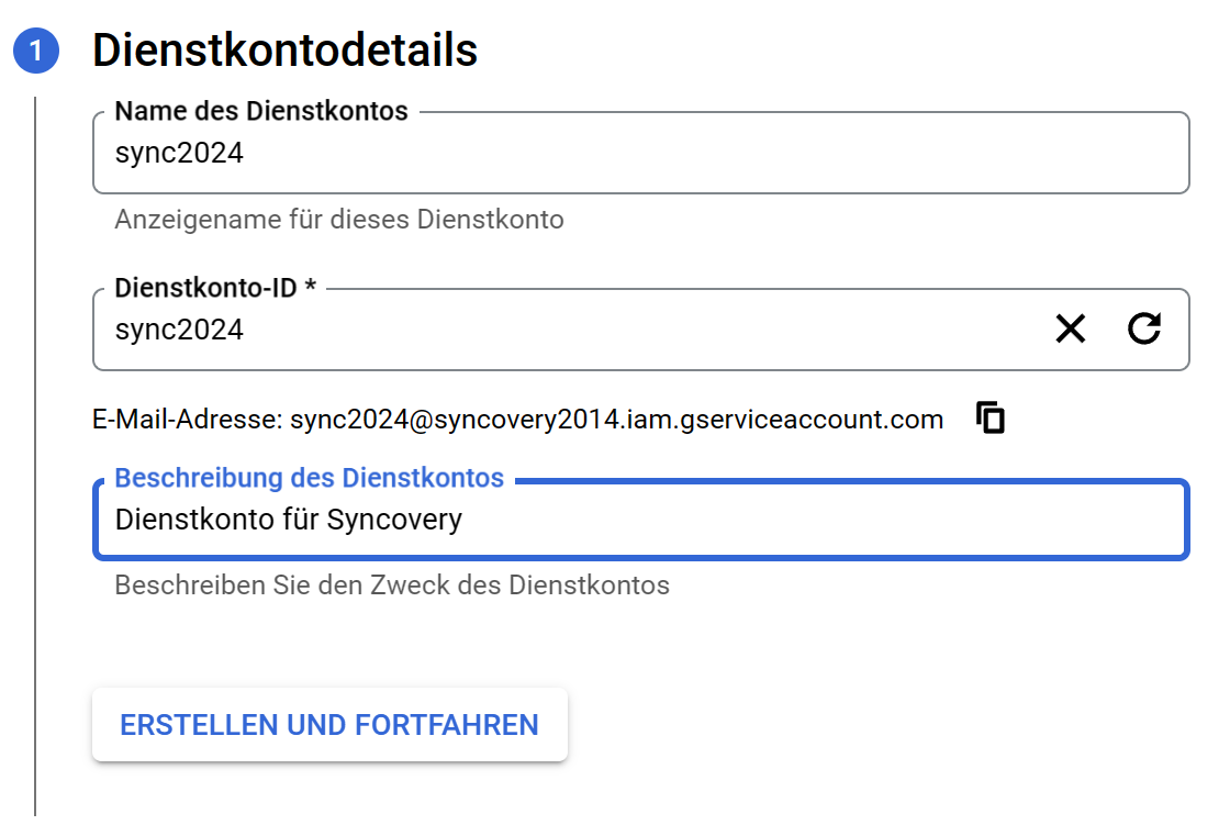 Ein Screenshot, der die Details eines Google Cloud Storage Dienstkontos zeigt