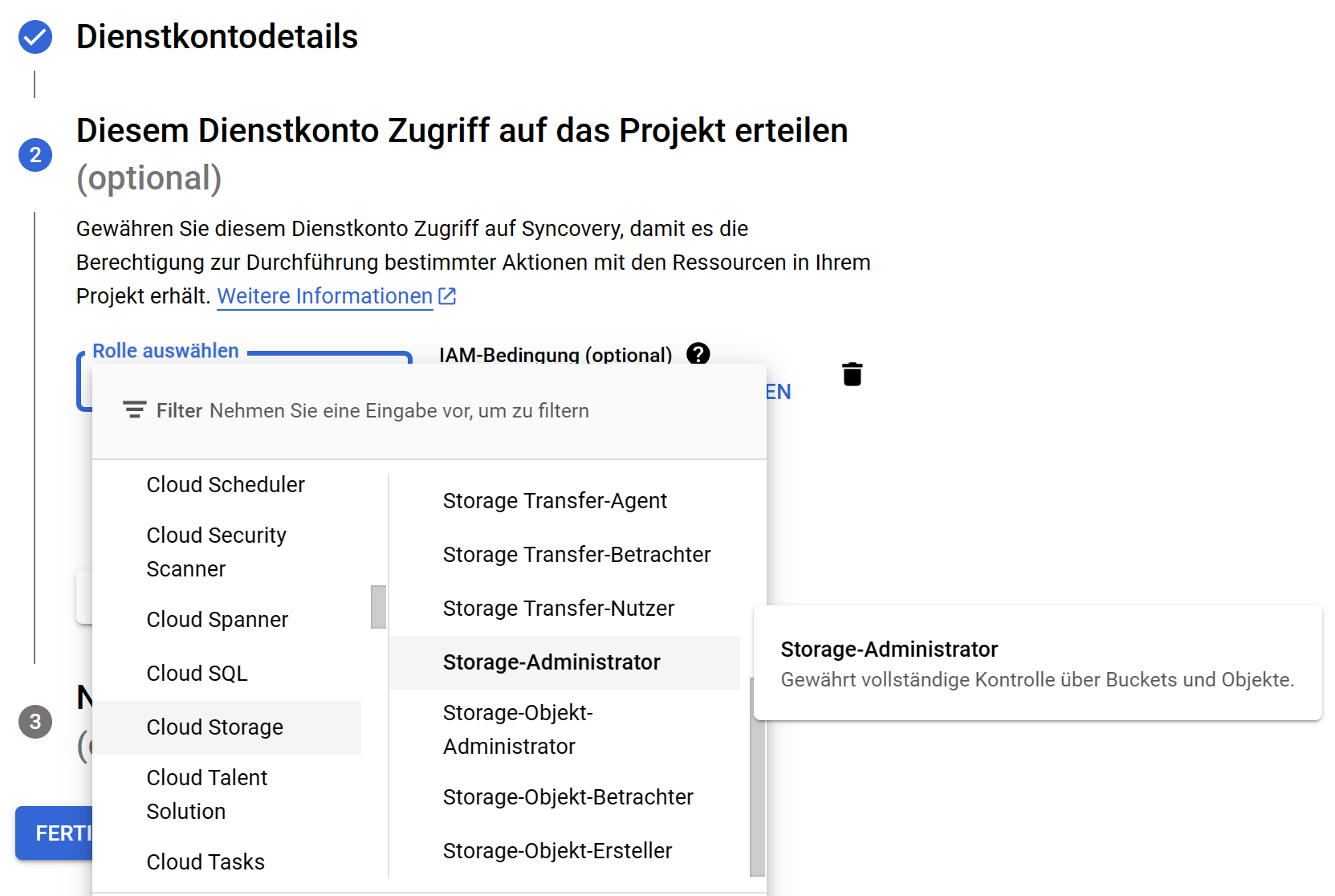 Ein Screenshot, der zeigt, wie die Rolle des Storage Administrators einem Dienstkonto in Google Cloud Storage zugewiesen wird