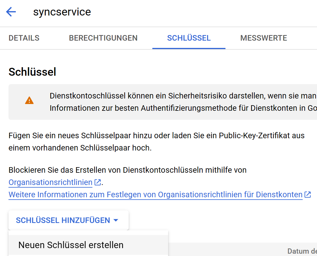 Ein Screenshot, der zeigt, wie ein privater Schlüssel zu einem Google Cloud Dienstkonto hinzugefügt wird