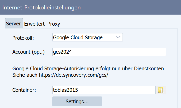 Ein Screenshot, der zeigt, wie Google Cloud Storage als Sync- und Backup-Ziel in Syncovery ausgewählt wird