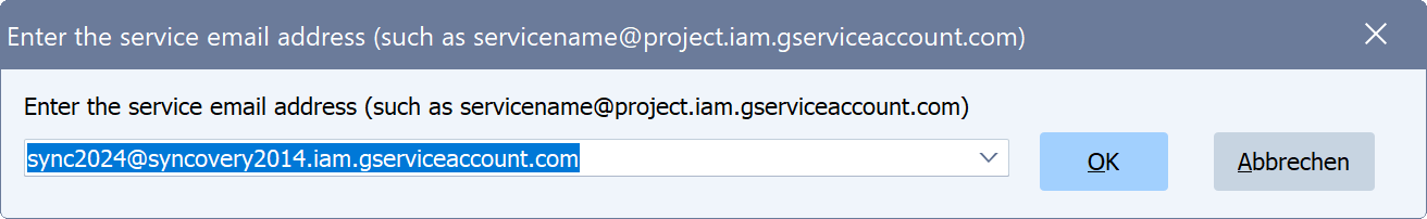 Ein Screenshot, der zeigt, wie die E-Mail-Adresse eines Google Cloud Storage Dienstkontos in Syncovery ein gegeben wird