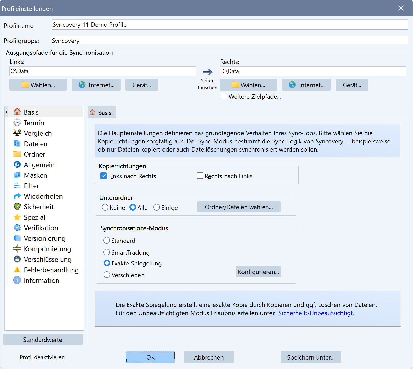 Ein Screenshot, der den Profil-Editor in Syncovery 11 zeigt.