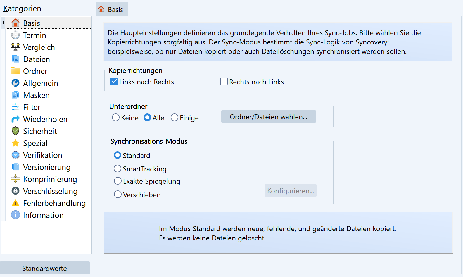 Syncovery Funktionsumfang im Fortgeschrittenen Modus