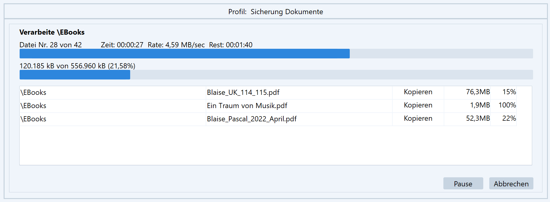 Die Backup Software zeigt den Fortschritt der Datensicherung an