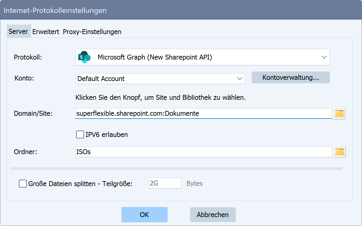 Die Auswahl des Graph-Protokolls für die Sharepoint-Synchronisation